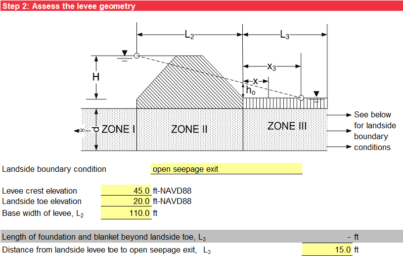 Step 2 of BT Case 6 worksheet: Levee geometry.
